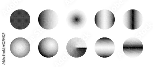 Circles With Various Bitmap Dither Gradient Vector Set Isolated On White Background. Round Shapes With Different Retro 8 Bit Graphic Art Style Textures Design Elements Collection. Black Noise Halftone