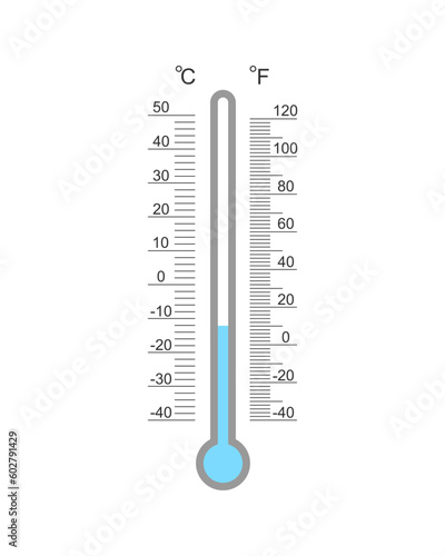 Celsius and Fahrenheit meteorological thermometer degree scale with cold temperature index. Outdoor temperature measuring tool with glass tube isolated on white background. Vector flat illustration