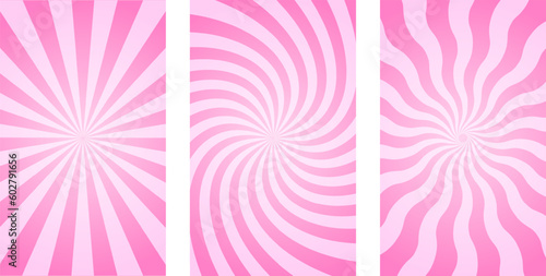 Vertical posters with pink radial stripes. Trendy retro y2k pattern. Rosy sunburst, explosion or surprise design effect. Manga style background. Bubble gum, lollipop candy texture. Vector illustration