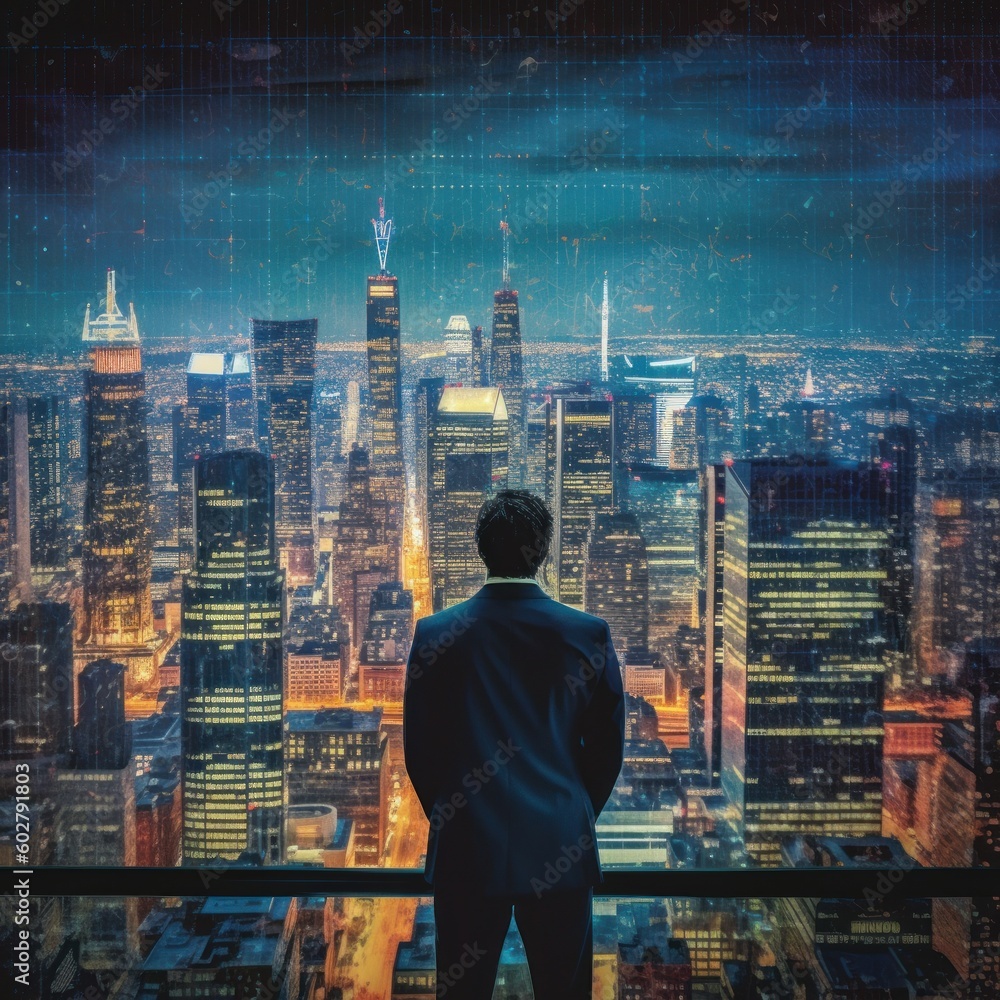 A businessman standing in front of a stock market chart, with a cityscape overlaid on top of the chart, symbolizing the interconnectivity between the financial world and the real world. Generative AI A businessman standing in front of a stock market chart, with a cityscape overlaid on top of the chart, symbolizing the interconnectivity between the financial world and the real world. Generative AI