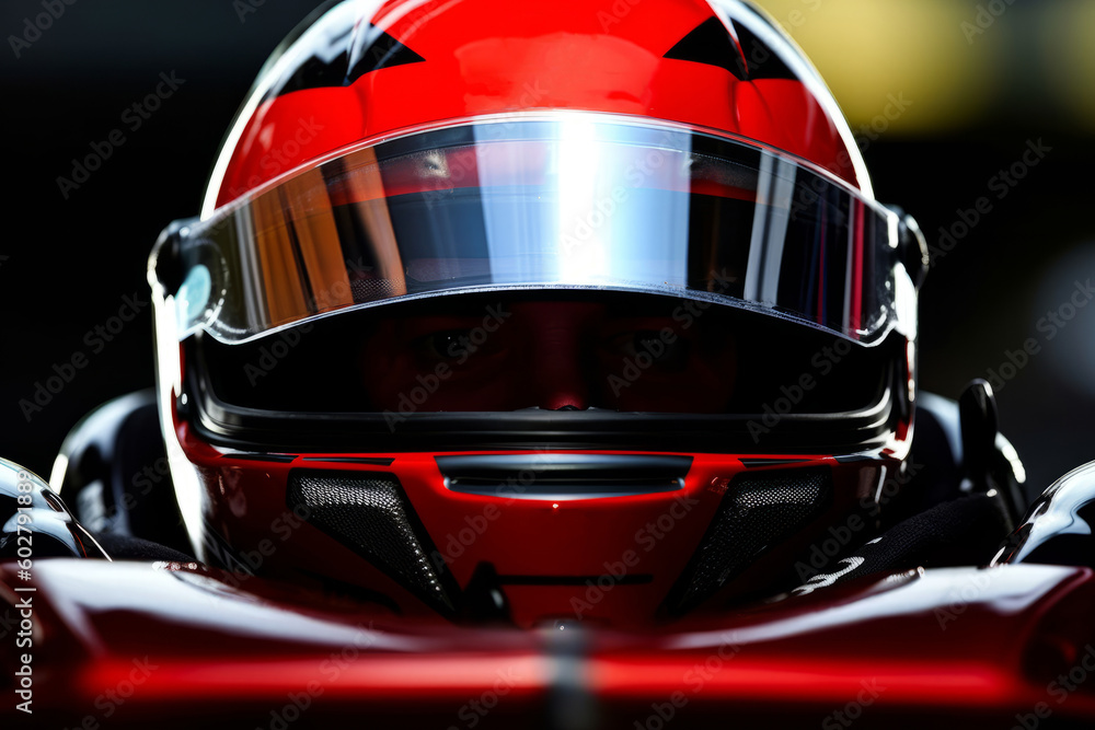 Fototapeta premium Extreme Close-Up of the Front of a Red Formula 1 Helmet with Reflections of the Race Track and Cars in the Visor. Generative AI