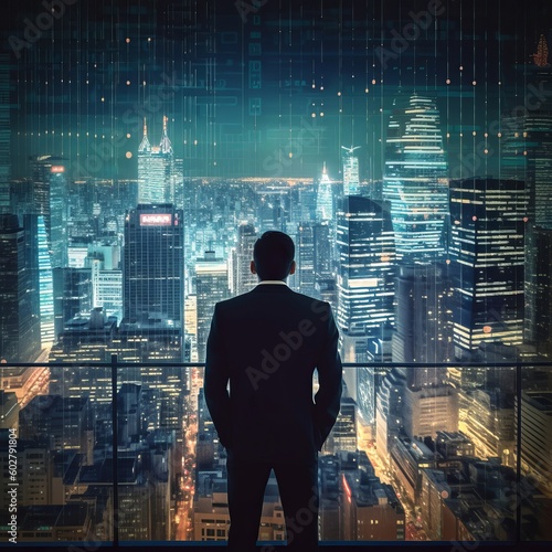 A businessman standing in front of a stock market chart  with a cityscape overlaid on top of the chart  symbolizing the interconnectivity between the financial world and the real world. Generative AI