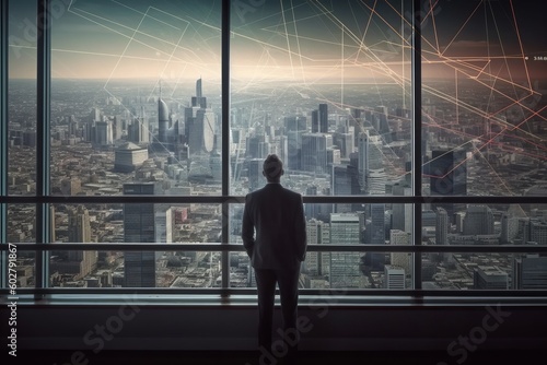 A man standing in front of a large window with a city skyline in the background and a line graph. The image is taken from a high angle to show a sense of control in the midst of chaos. Generative AI