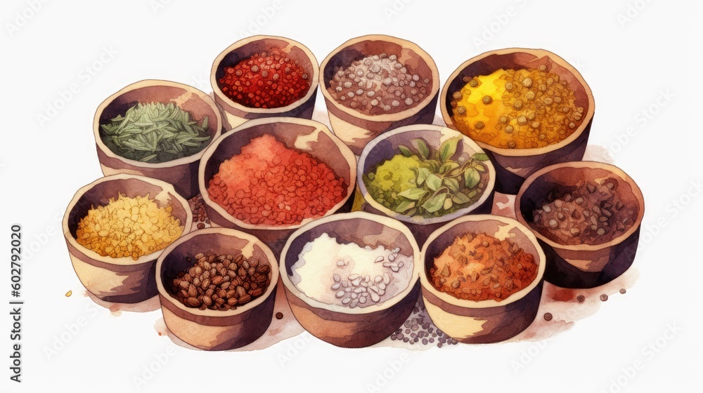 spices and herbs in bowls, isolated on a white background, generative ai spices and herbs in bowls, isolated on a white background, generative ai