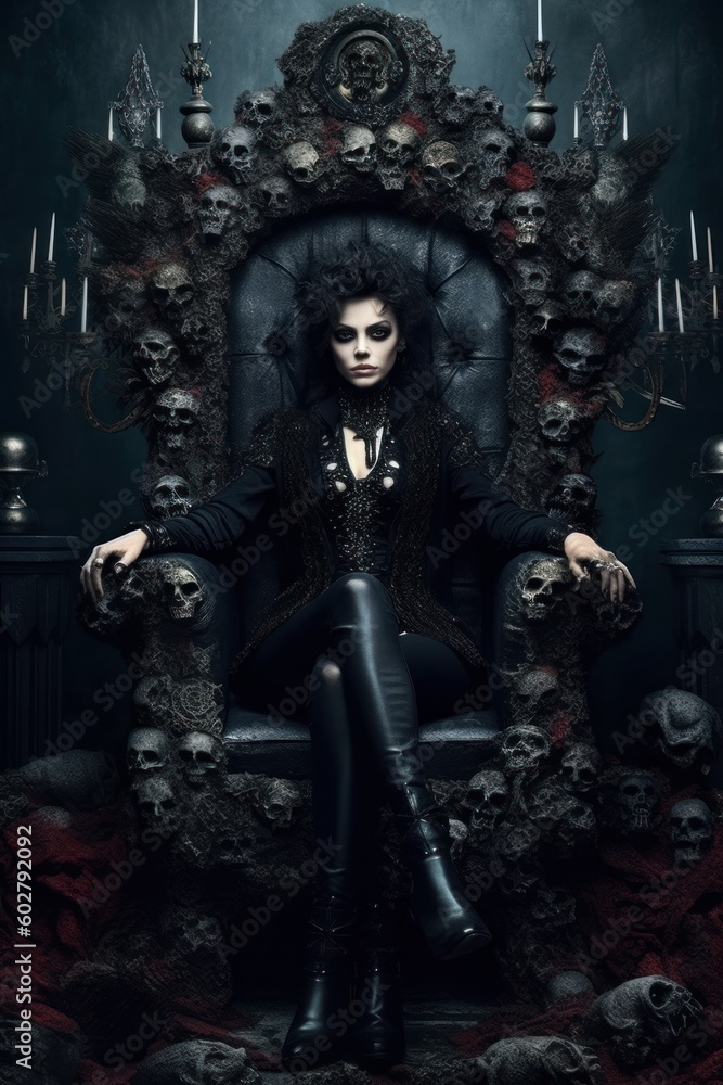 A vampire woman sitting on a throne made of skulls with her hands on the armrests, looking menacingly at the viewer. Generative AI