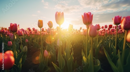 Field of fresh beautiful colorful tulips bloom at sunrise. Created with generative AI technology.