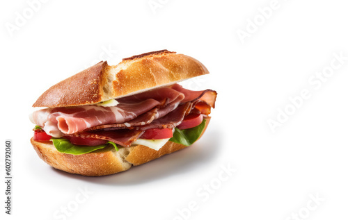 Authentic Spanish Bocadillo Delight. Traditional bocadillo with jamon, cheese, tomato, and lettuce isolated on white background. Copy space available. Culinary concept AI Generative
