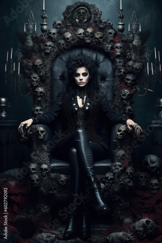 A vampire woman sitting on a throne made of skulls with her hands on the armrests, looking menacingly at the viewer. Generative AI