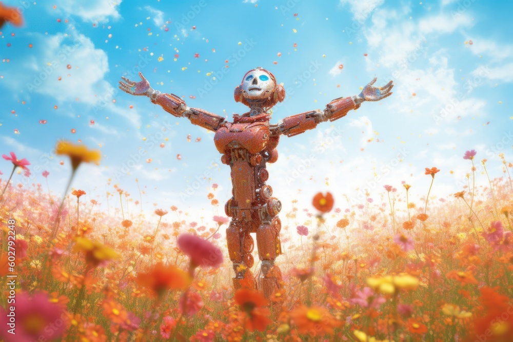 A robot woman standing in a field of wildflowers, with her arms outstretched to the sky. Generative AI