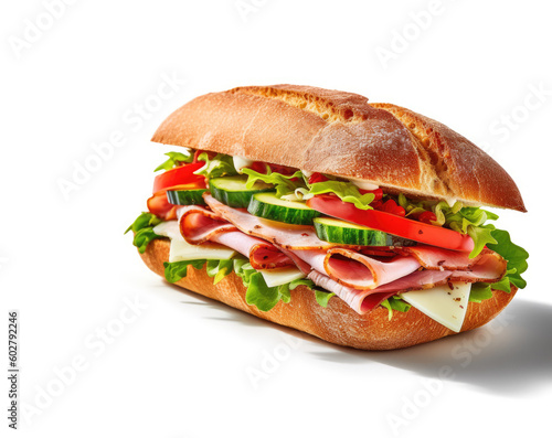 Tempting picture of a mouthwatering ciabatta bread sandwich with ham and vegetables. Copy space available. Food concept AI Generative © Mr. Bolota