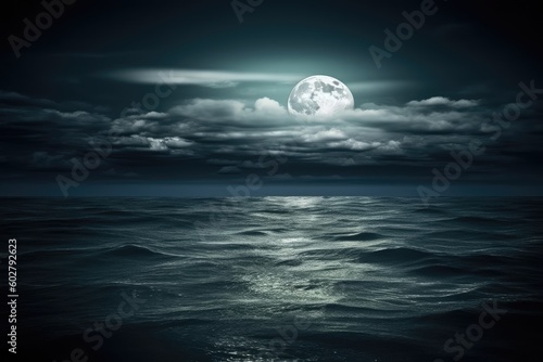 full moon reflecting on the calm ocean waters at night Generative AI