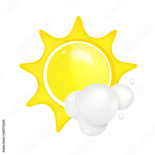 3d Realistic weather vector Illustration  a small cloud and a big yellow sun. 3d weather icon