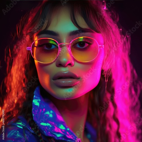 Stunning Female Diverse Model Showcasing Luxury Eyewear Glasses in a Fashionable Portrait against a Bokeh Neon Background - Eyewear Concept - Eyecare - Generative AI