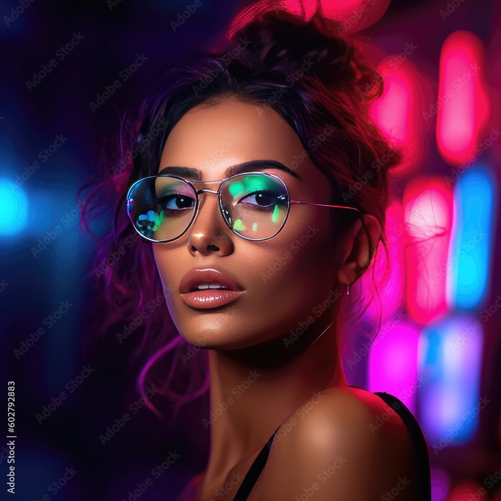 Enchanting Fashion Portrait of a Female Model Embracing Her Style in Luxury Eyewear Glasses on a Bokeh Neon Background - Eyewear Concept - Eyecare - Generative AI