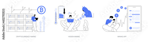 Cryptocurrency mining abstract concept vector illustrations.