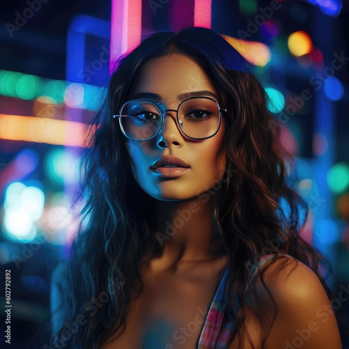 Beautiful Female Model in Nightclub Wearing Prescription Glasses - Eyewear Concept - Eyecare - Generative AI