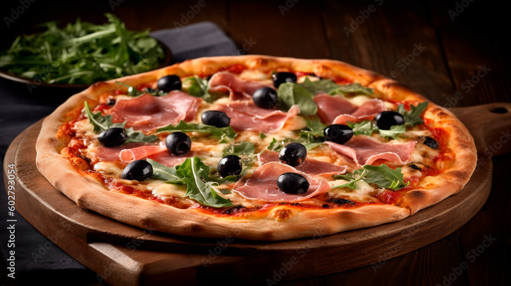 A hot ham pizza with olives. Generative ai