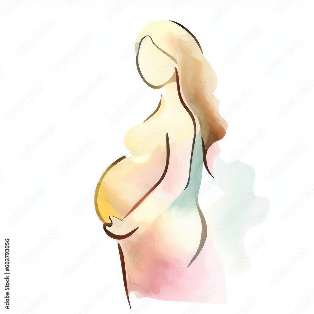 Pregnant Woman with Watercolor Flowers, Generative AI