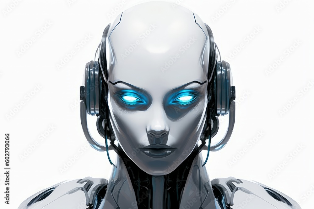 White robot with a smooth and polished exterior stands in the center of the image. Its blue eyes are the focal point of the image, reflecting a sense of intelligence and awareness. Generative AI White robot with a smooth and polished exterior stands in the center of the image. Its blue eyes are the focal point of the image, reflecting a sense of intelligence and awareness. Generative AI