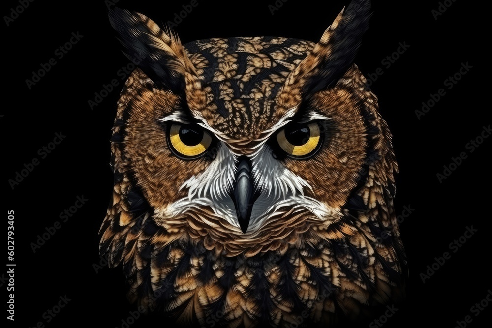 an owls face with piercing yellow eyes in close up Generative AI an owls face with piercing yellow eyes in close up Generative AI
