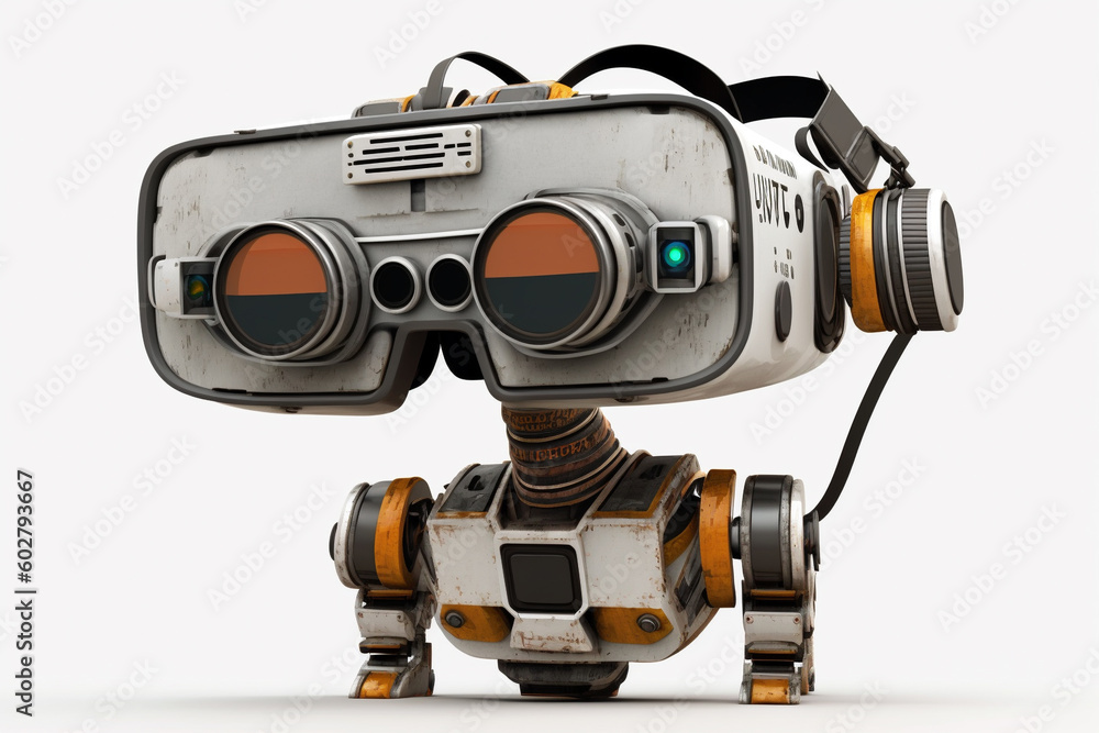 Illustration of a white robot using virtual reality glasses Illustration of a white robot using virtual reality glasses