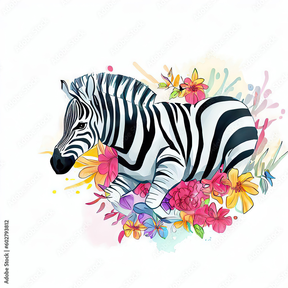 Whimsical Zebra Painting, Watercolor and Flowers, Generative AI Whimsical Zebra Painting, Watercolor and Flowers, Generative AI