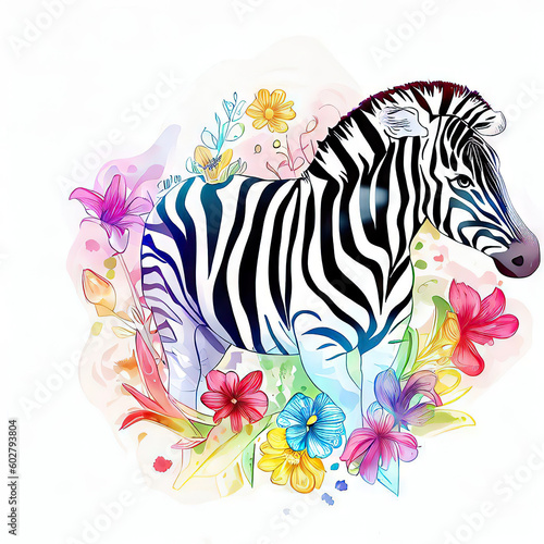 Zebra in Watercolor Style  Floral Background  Generative AI