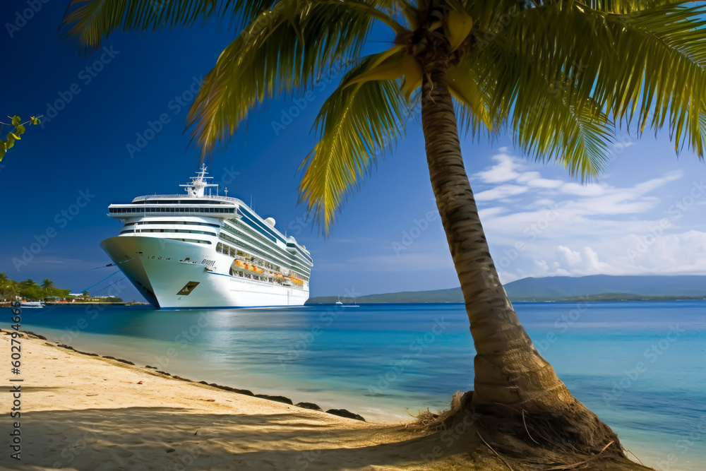 Fototapeta premium cruise ship to paradisiacal beach with palm tree, travel, luxury, generative ai