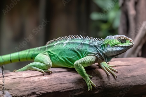 green lizard perched on a tree branch Generative AI