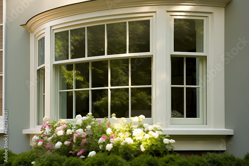 Bay Window Exterior View, Exterior Home Decorating Ideas with Flowers: AI Generated Image photo