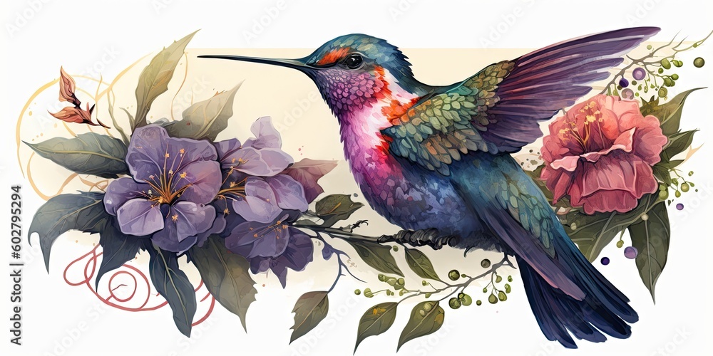 Colorful humming bird on stick tree with flower in watercolor design artistic. Concept of painting technique isolated on white background in canvas. Glorious generative AI. - obrazy, fototapety, plakaty 