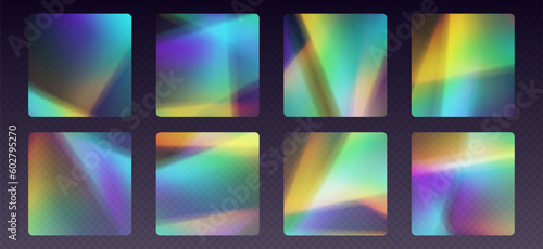 Crystal refraction stickers, leak flare, rainbow sunlight effect, holographic reflections in rounded rectangle shape. Blurred optical rays, vintage camera glares. Vector illustration.