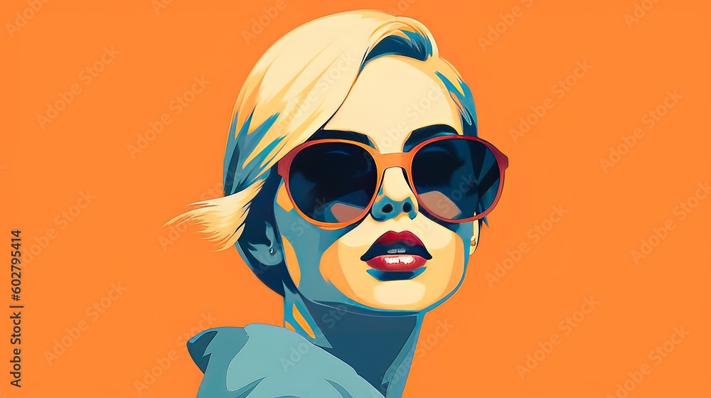 Vector minimalism style art of Summer portrait of happy beautiful woman with sunglasses in contemporary vivid orange and yellow colors at the beach, suntan, happy. holidays and beauty. Generative AI