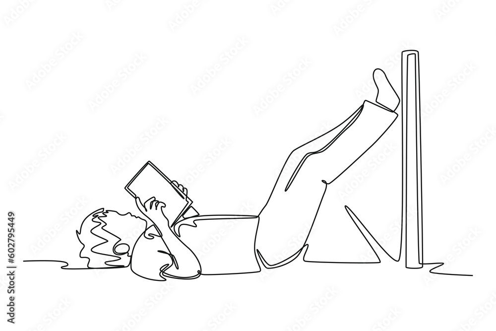 Fototapeta premium Continuous one line drawing happy student girl reading book at leisure time. Book lovers concept. Single line draw design vector graphic illustration.