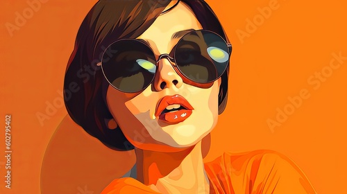 Vector minimalism style art of Summer portrait of happy beautiful woman with sunglasses in contemporary vivid orange and yellow colors at the beach, suntan, happy. holidays and beauty. Generative AI
