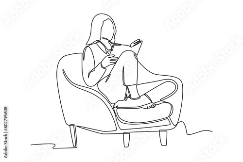 Continuous one line drawing happy student girl reading book at leisure time. Book lovers concept. Single line draw design vector graphic illustration.