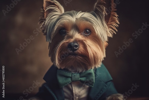 Anthropomorphic Yorkshire terrier dog dressed in a suit like a businessman. Business Concept. AI generated