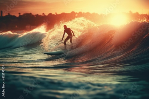 Silhouette of a surfer in the sea at dawn. AI generated, human enhanced © top images