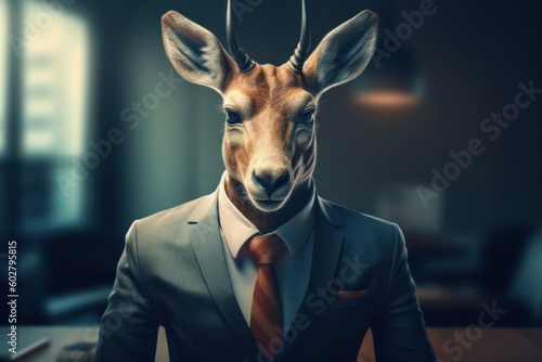 Anthropomorphic antelope dressed in a suit like a businessman. Business Concept. AI generated, human enhanced