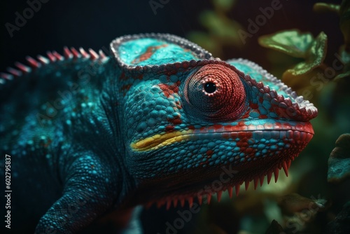 Green colored chameleon close up. AI generated, human enhanced