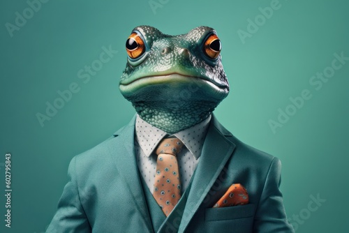 Anthropomorphic frog dressed in a suit like a businessman. Business Concept. AI generated, human enhanced