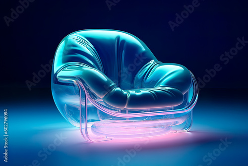 Generative AI illustration of transparent shiny crystal air armchair placed on illuminated surface against black background photo