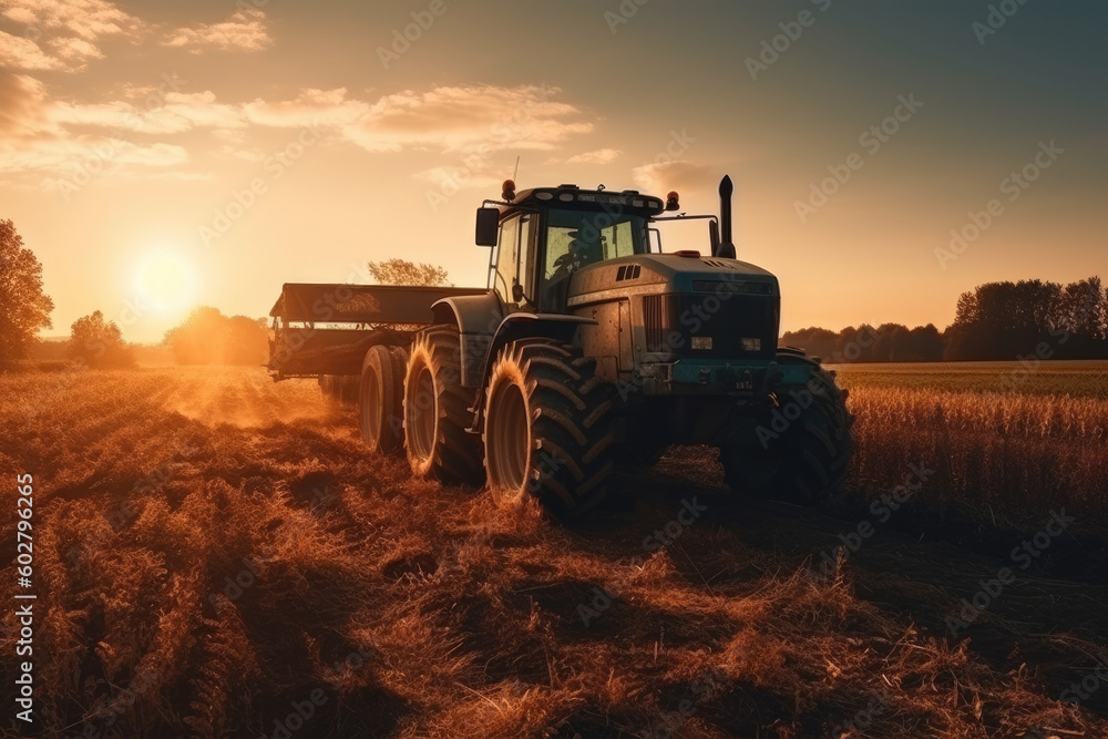 Generative AI illustration of agricultural tractor in grassy field against bright sundown sky in countryside Generative AI illustration of agricultural tractor in grassy field against bright sundown sky in countryside