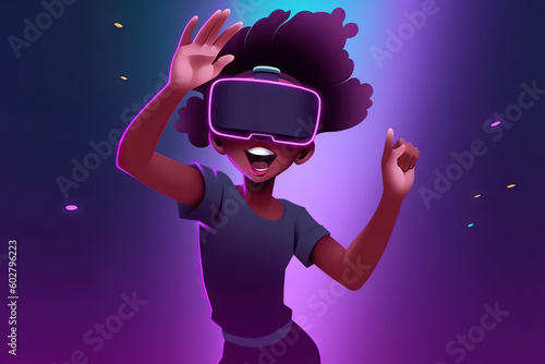 AI generated illustration of excited African American cartoon character in VR goggles raising arms with opened mouth on purple background photo
