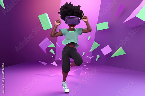 AI generated illustration of cartoon black girl in VR headset dancing with mouth opened and fingers up happily while having fun against purple and pink backdrop with colorful shapes photo