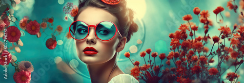 colorful floral background with beautiful blond woman wearing fashion eyeglasses girl banner - generative ai © sizsus