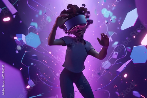 AI generated illustration of impressed black cartoon character in VR goggles raising arms while standing on abstract violet backdrop