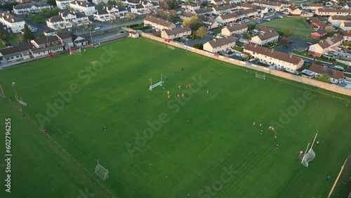 Arial. A game of hurling in a stadium with players in Ireland 4k