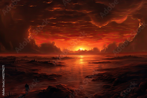 dark landscape with a sea, fantasy sunset, cinematic, epic, generative ai
