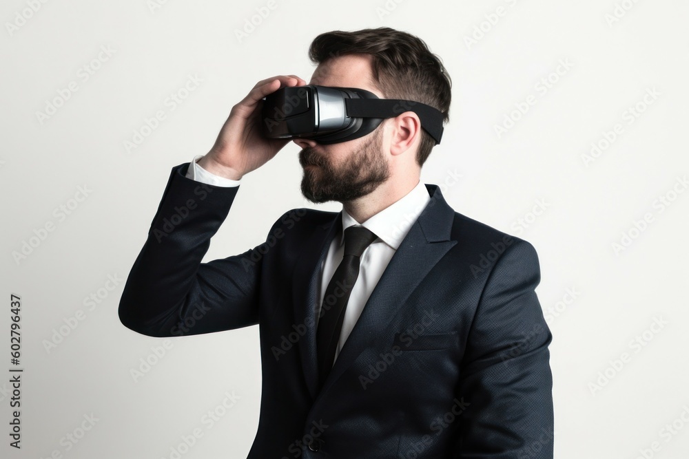Male businessman wearing virtual reality glasses. VR concept. AI generated, human enhanced Male businessman wearing virtual reality glasses. VR concept. AI generated, human enhanced